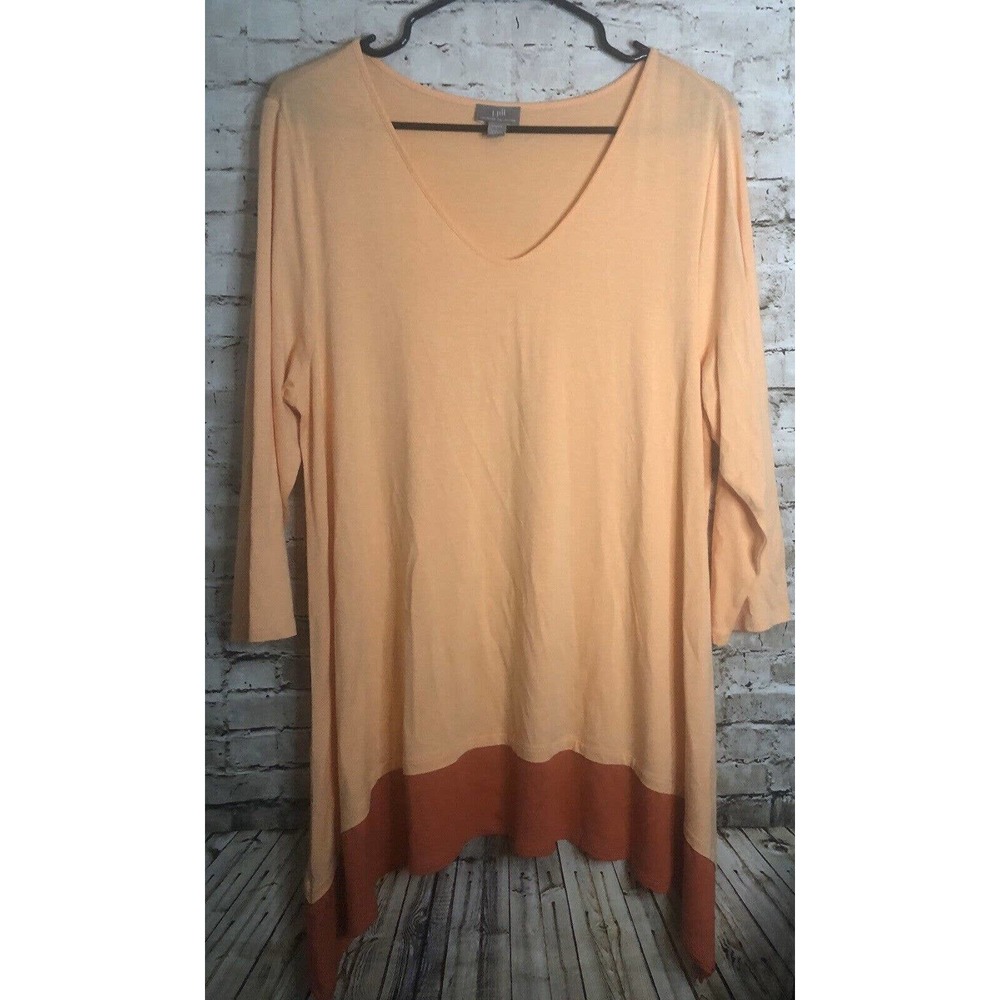J.Jill Women’s Orange Colorblock 3/4 Sleeves Long Sides Stretch Tunic Top Size L